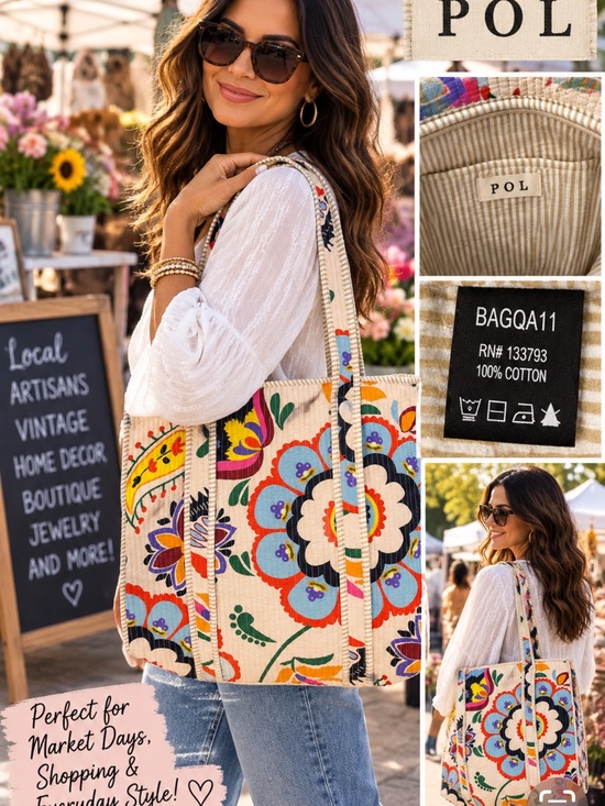 POL Handbags - New! POL Multicolor Floral Travel Tote Bag - Cotton Shoulder Bag